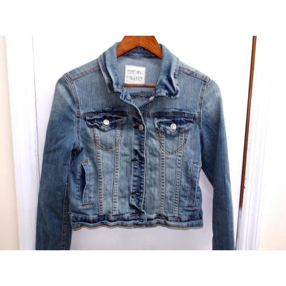Thread Supply Womens Denim Jacket‎ Blue Distressed Graphic Back Cropped / #1310